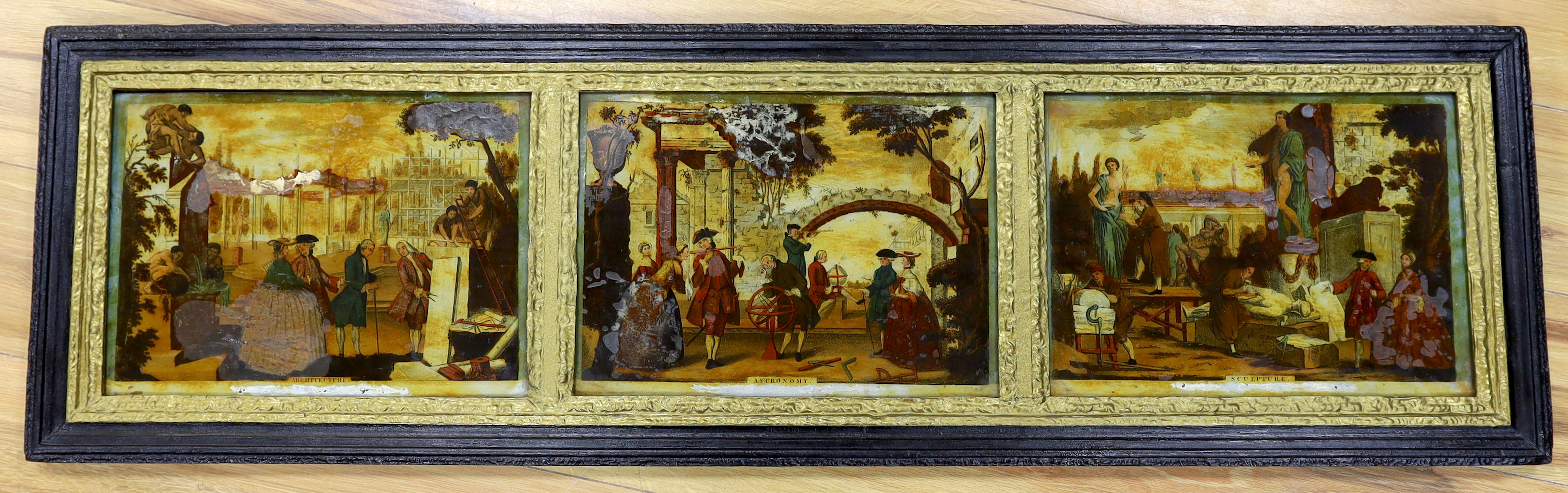 An 18th / 19th century reverse glass painted colour print triptych, Architecture, Astronomy and Sculpture, overall 126 x 37cm